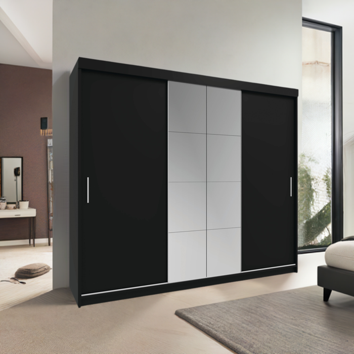 Peso Sliding Door Mirrored Wardrobe Wood Closet in Gray, Black, Venge, White Colors